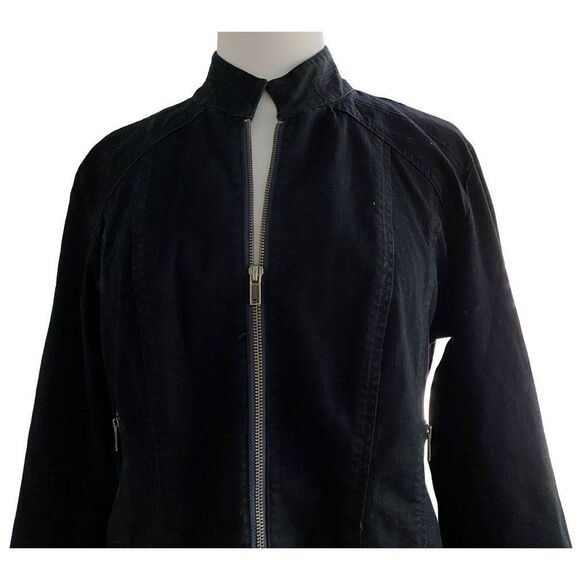 Chico's Platinum Dark Denim Zip Front Biker Jacket Zippered Sleeves Pockets Sz 1 - Picture 3 of 5